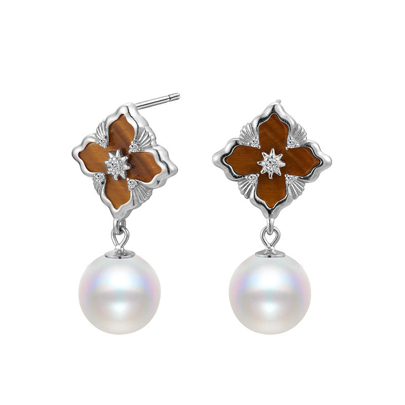 Autumn and Winter 925 Sterling Silver Medieval Matte Niche Retro Bead Lucky Grass Earrings for Women