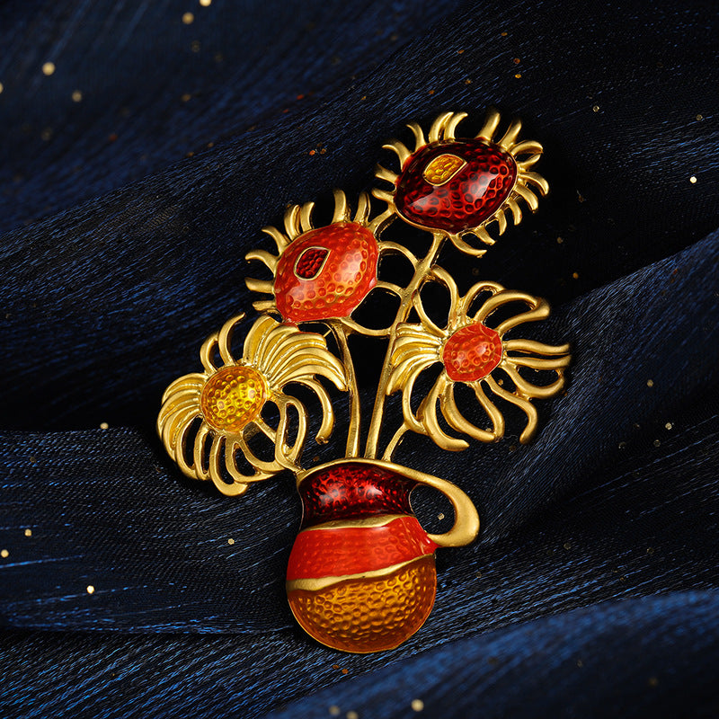 Van Gogh Sunflower Vase Brooch