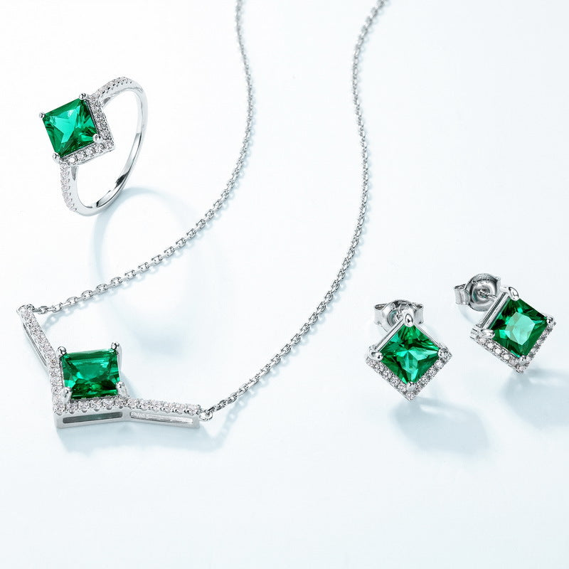 Modern Geometry: Pave-Set Lab-Grown Emerald Pendant Necklace | 925 Silver | Dapaza