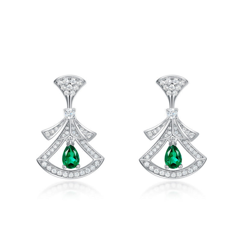 Elegant Fan-Shaped "Little Skirt" Lab-Grown Emerald Drop Earrings - 925 Sterling Silver