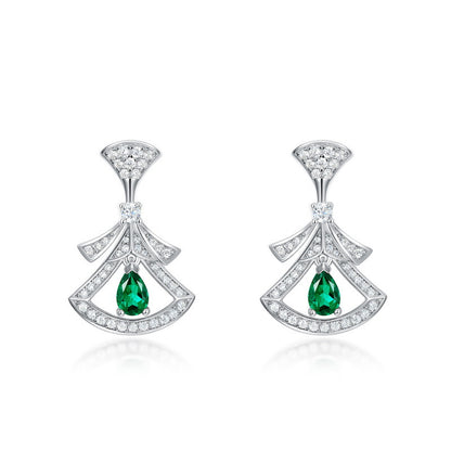 Elegant Fan-Shaped "Little Skirt" Lab-Grown Emerald Drop Earrings - 925 Sterling Silver