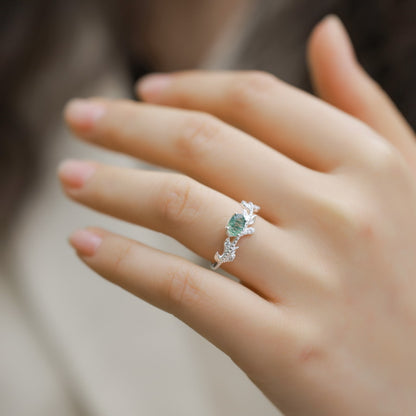 橄榄枝戒指女S925纯银镶绿苔藓指环小众设计手饰| Dapaza Jewelry