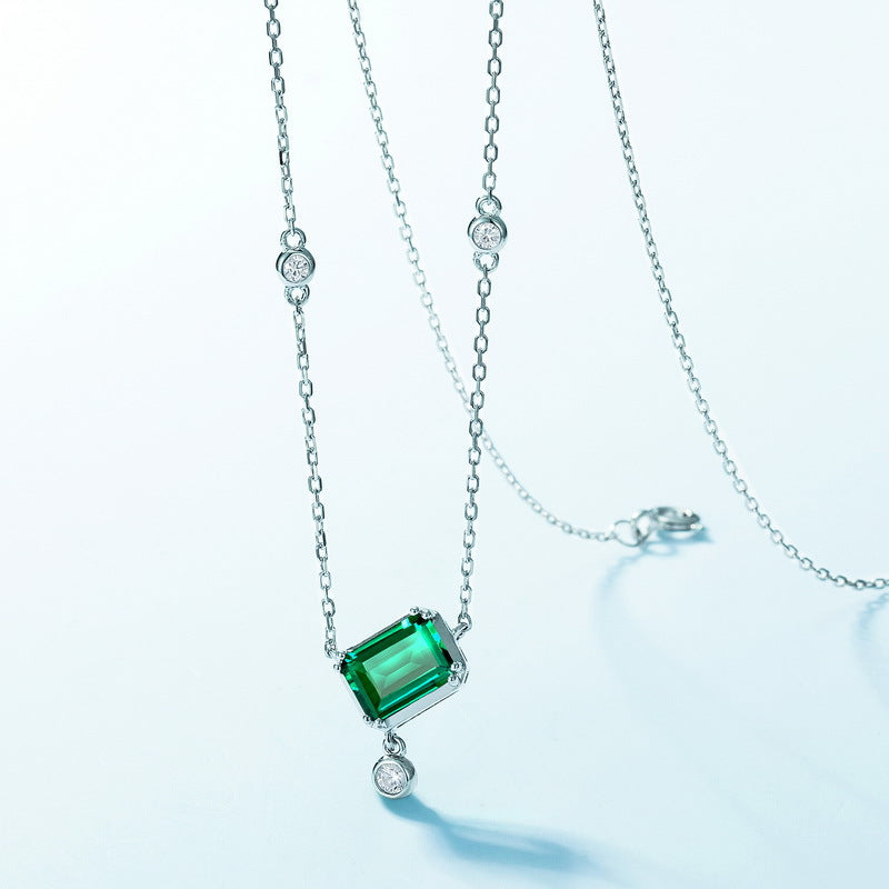 Geometric Lab-Grown Emerald Dancing Stone Necklace - S925 Sterling Silver