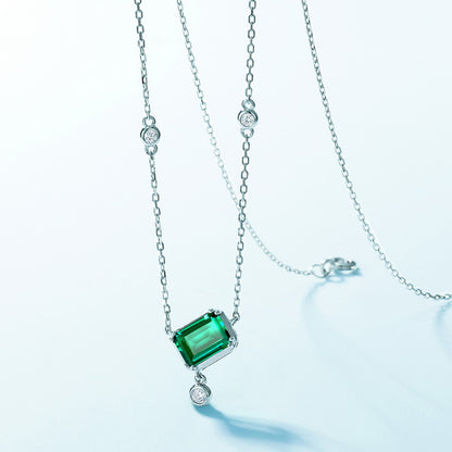 Geometric Lab-Grown Emerald Dancing Stone Necklace - S925 Sterling Silver