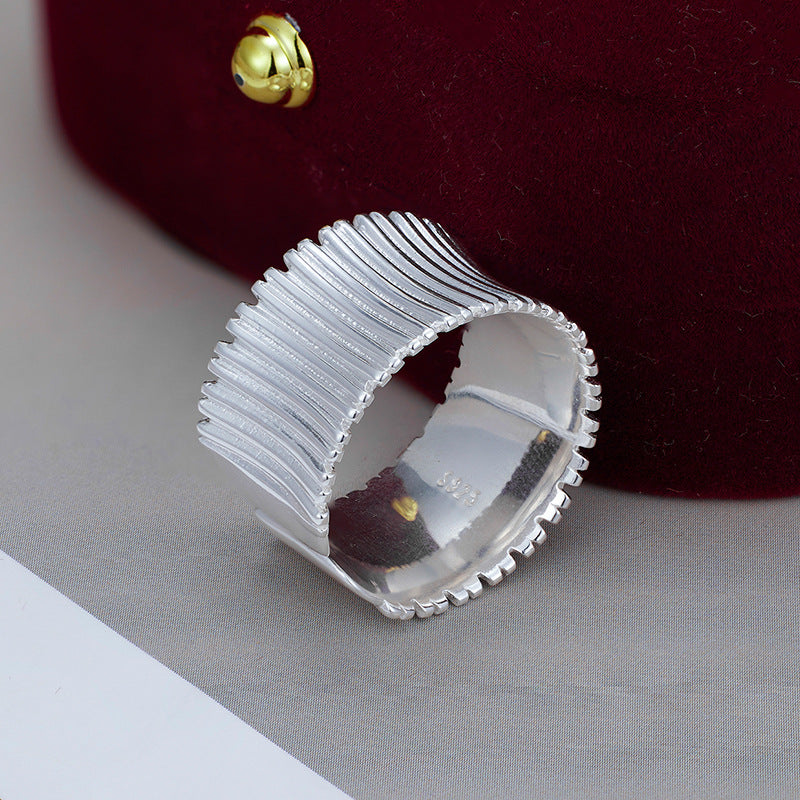 Niche Design 925 Sterling Silver Pleated Wide-sided Geometric Striped Opening Adjustable Ring