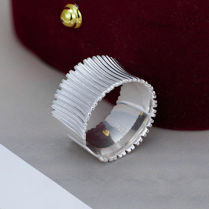 Niche Design 925 Sterling Silver Pleated Wide-sided Geometric Striped Opening Adjustable Ring