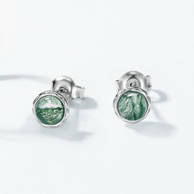 Minimalist Moss Agate Stud Earrings | 9K Gold-Plated S925 Silver