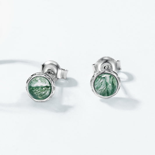 Minimalist Moss Agate Stud Earrings | 9K Gold-Plated S925 Silver