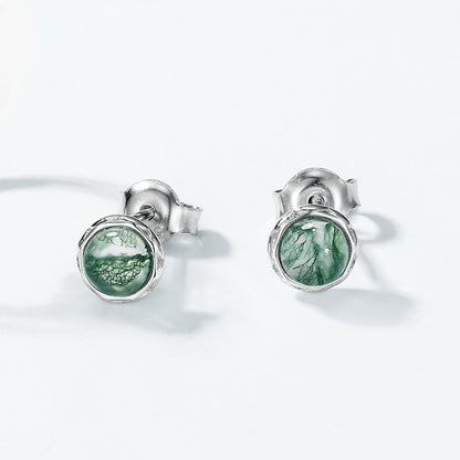 Minimalist Moss Agate Stud Earrings | 9K Gold-Plated S925 Silver