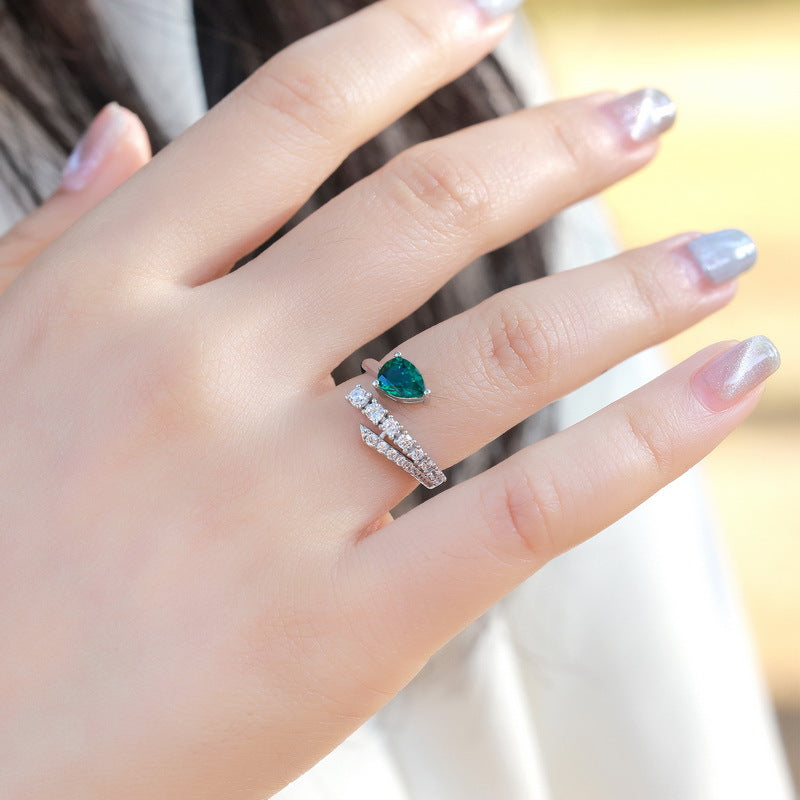 Fluid Elegance: Teardrop Lab-Grown Emerald Open Ring | 925 Silver | Dapaza