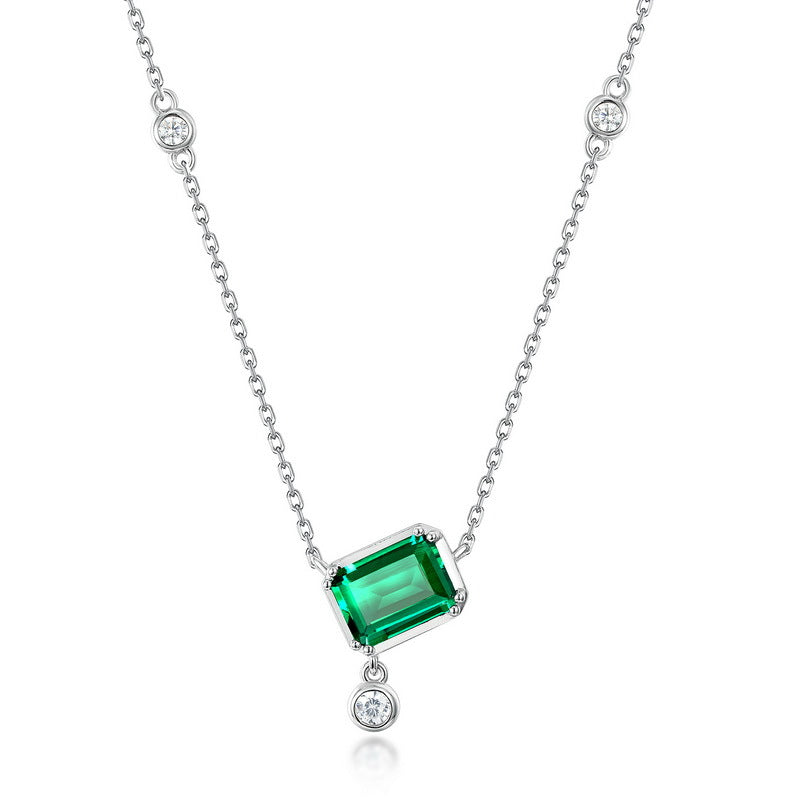 Geometric Lab-Grown Emerald Dancing Stone Necklace - S925 Sterling Silver
