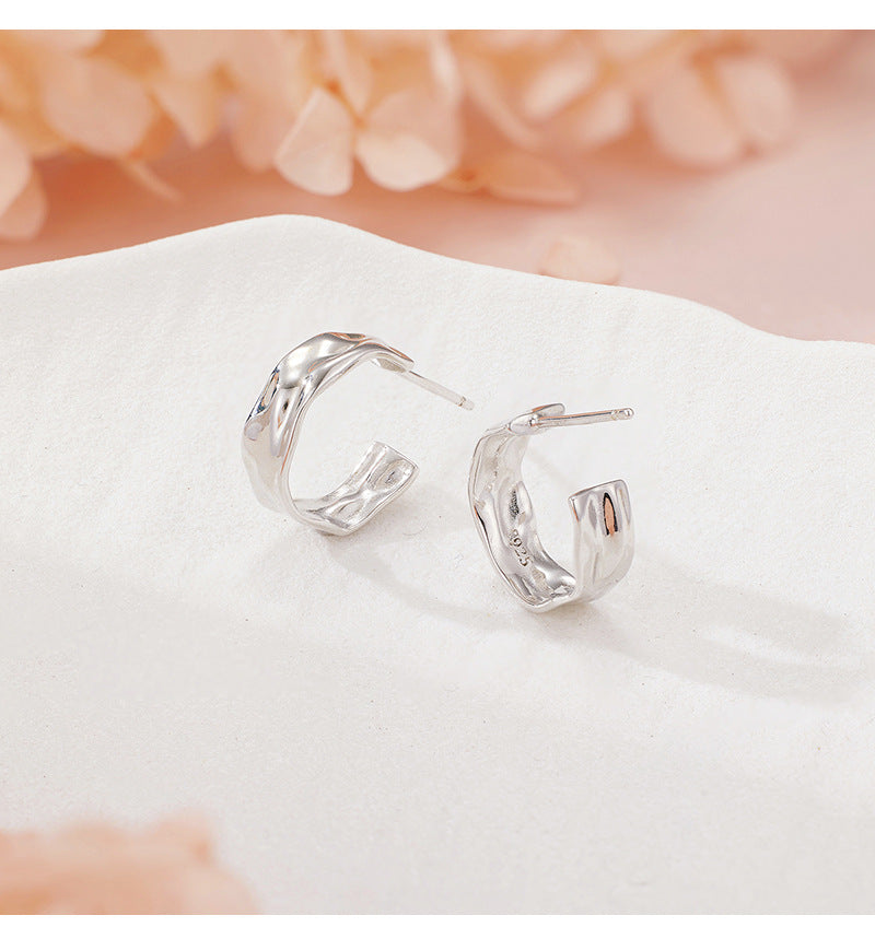 New 925 Sterling Silver Irregular Geometric Earrings - Women's Fashion Polished Foil Crinkle Studs