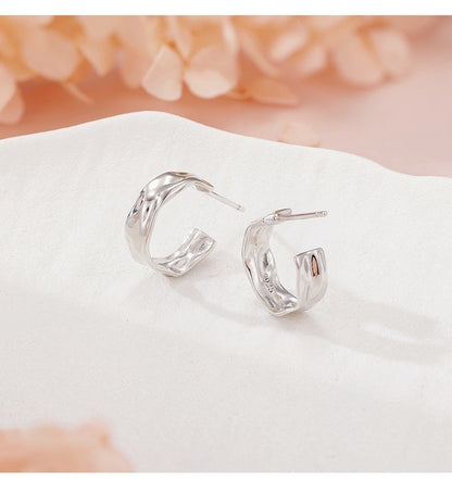 New 925 Sterling Silver Irregular Geometric Earrings - Women's Fashion Polished Foil Crinkle Studs