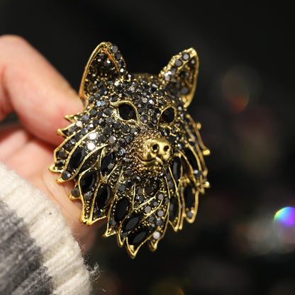 Retro Rhinestone Wolf Head Brooch