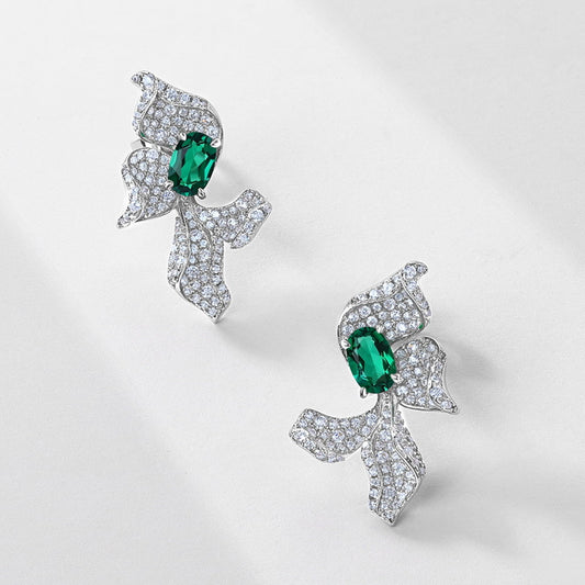 Sculpted Bloom: 3D Floral Lab-Grown Emerald Earrings | 925 Silver | Dapaza