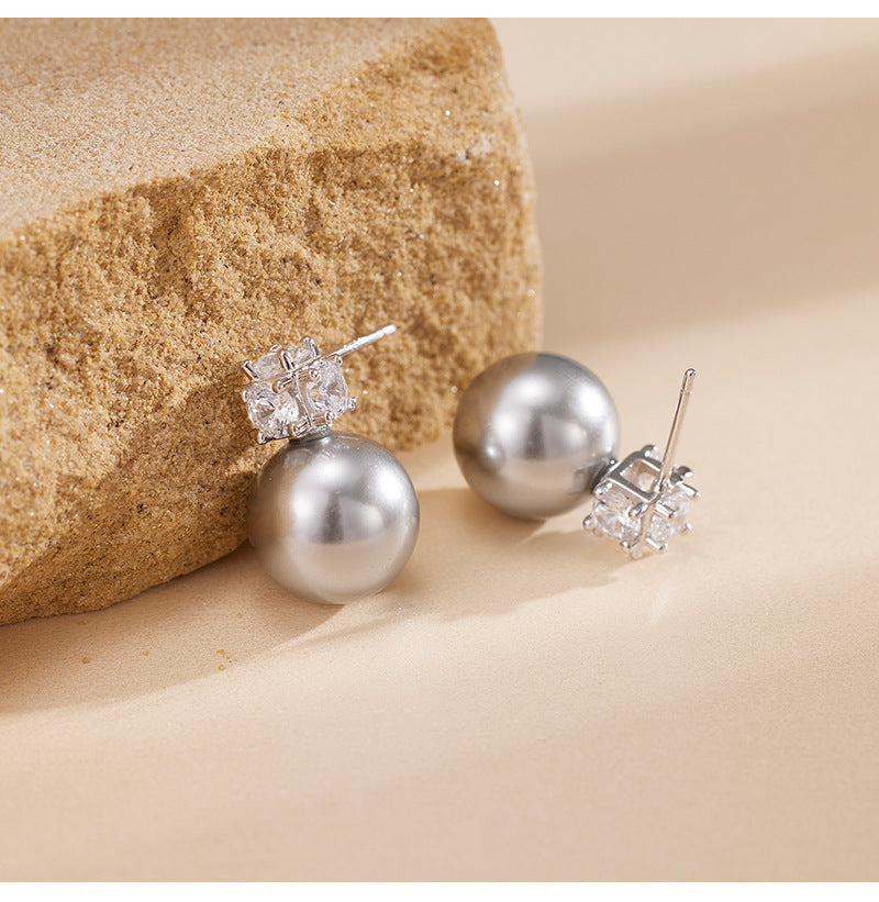 S925 Sterling Silver Ash Gray Shell Pearl Stud Earrings - Unique Design, Subtle Luxury, and Edgy Style for Women