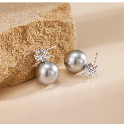S925 Sterling Silver Ash Gray Shell Pearl Stud Earrings - Unique Design, Subtle Luxury, and Edgy Style for Women