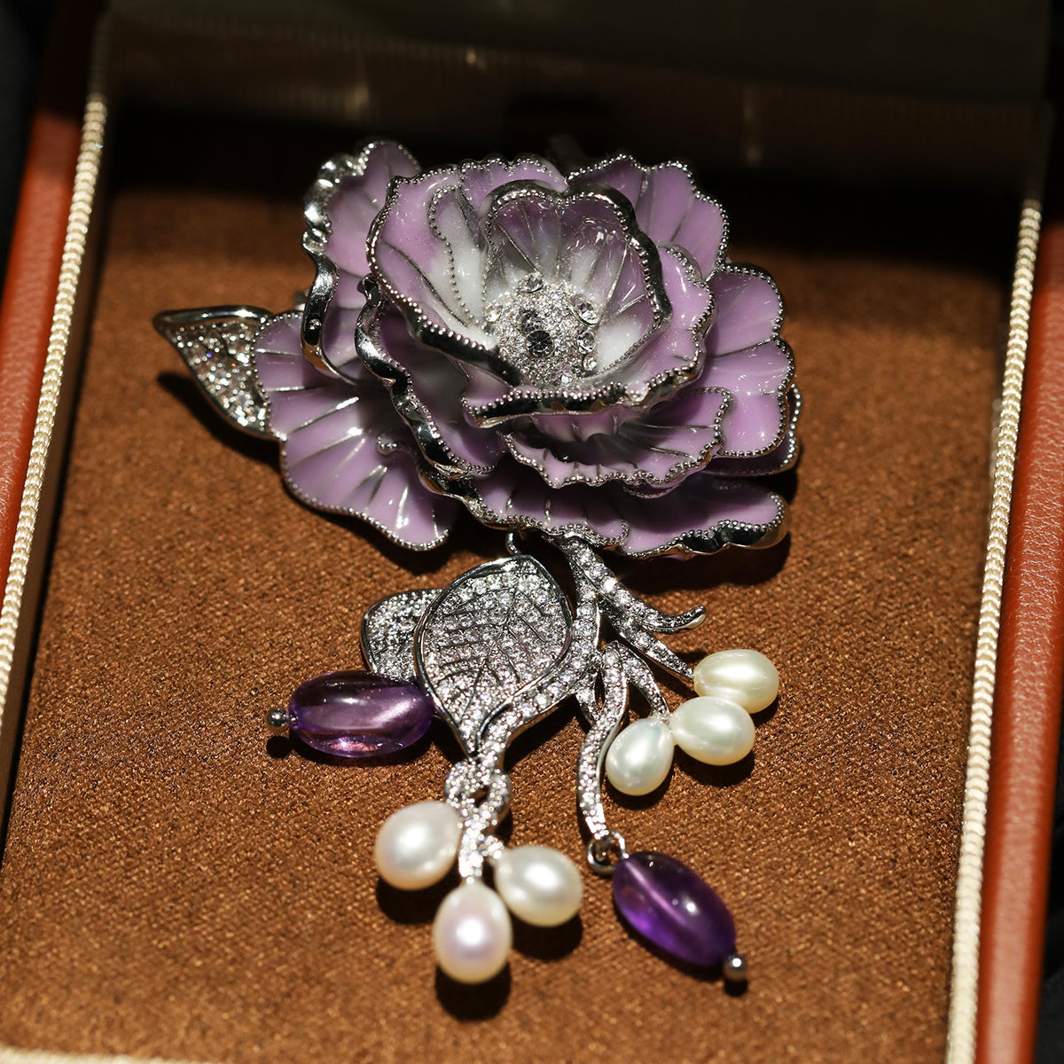 Purple Rose Brooch - Natural Pearl & Amethyst Corsage Accessory