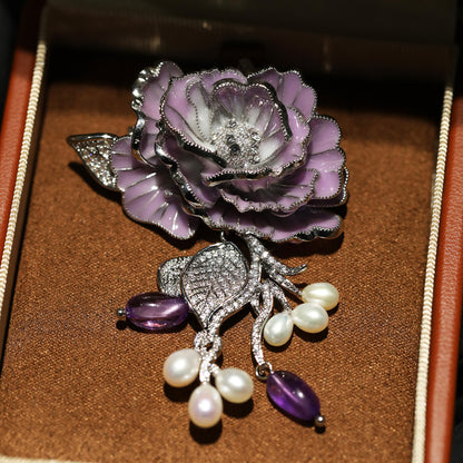 Purple Rose Brooch - Natural Pearl & Amethyst Corsage Accessory