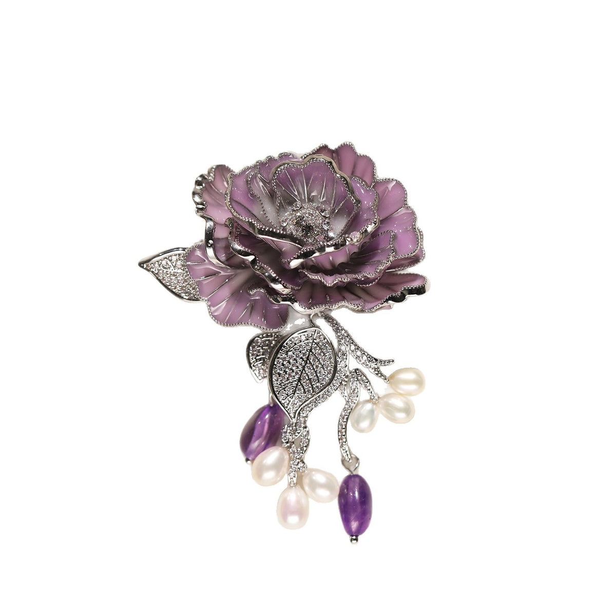 Purple Rose Brooch - Natural Pearl & Amethyst Corsage Accessory