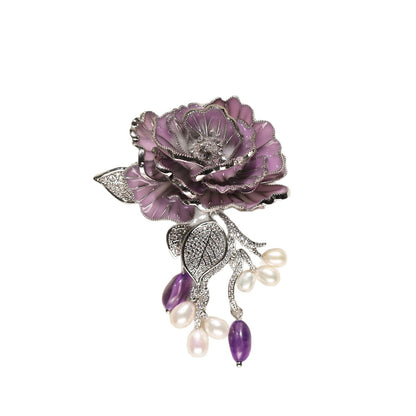 Purple Rose Brooch - Natural Pearl & Amethyst Corsage Accessory