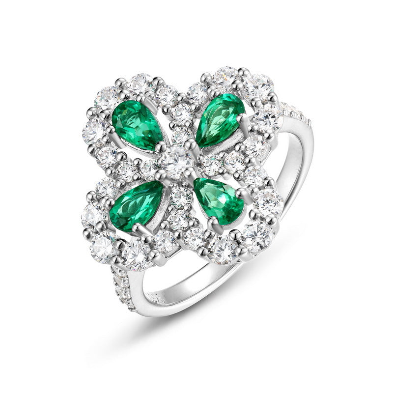 Lab-grown Emerald Clover Ring with S925 Sterling Silver and Lab-grown Ruby Jewelry Set