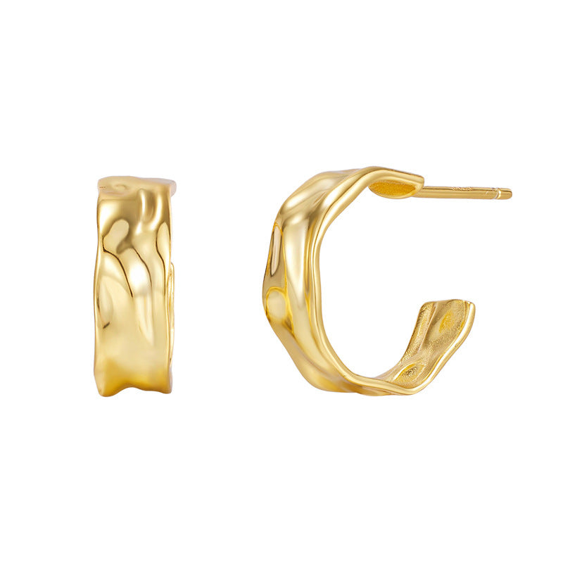 New 925 Sterling Silver Irregular Geometric Earrings - Women's Fashion Polished Foil Crinkle Studs