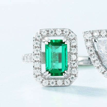 Modern Geometric: Full-Pavé Lab-Grown Emerald Statement Ring | 925 Silver