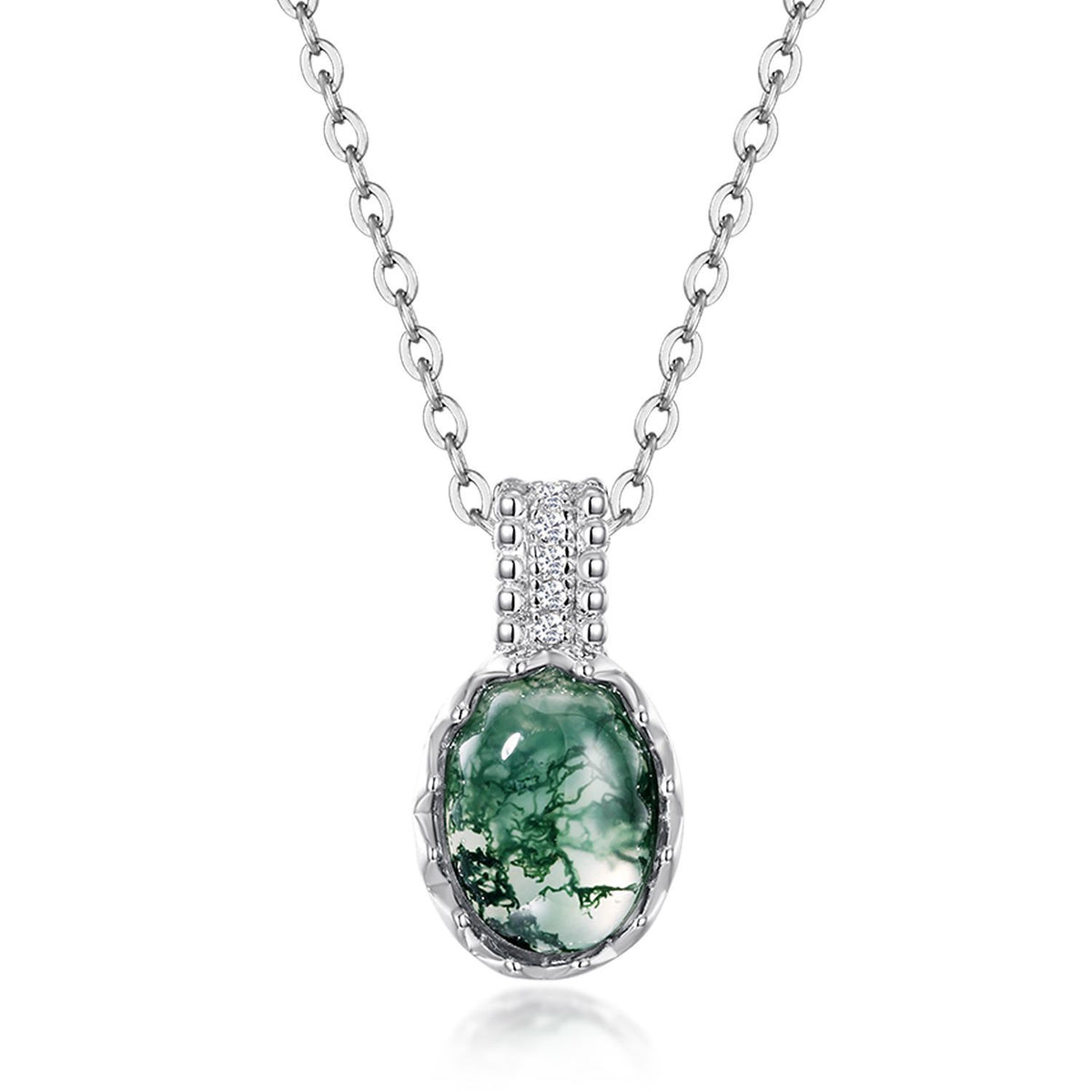 Natural Oval Moss Agate Cabochon Necklace - S925 Sterling Silver