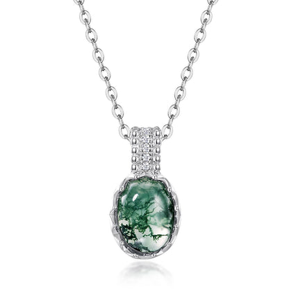Natural Oval Moss Agate Cabochon Necklace - S925 Sterling Silver