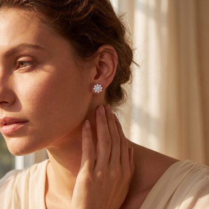 Luxury 3.68CTW HPHT Round Lab Grown Diamond Sunflower Stud Earrings | S925 Sterling Silver Snowflake Cluster Post Earrings - Dapaza