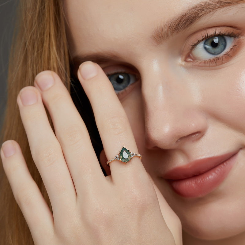 Pear-Cut Natural Moss Agate Ring - 10K Gold & S925 Sterling Silver Band
