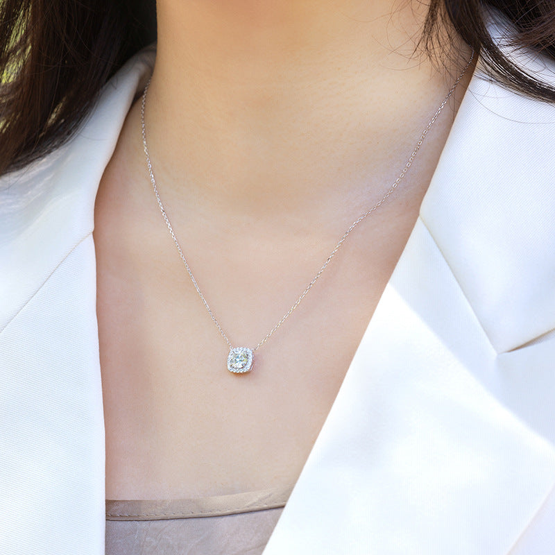 Cushion Cut Crushed Ice Lab-Grown Diamond Halo Necklace - S925 Sterling Silver