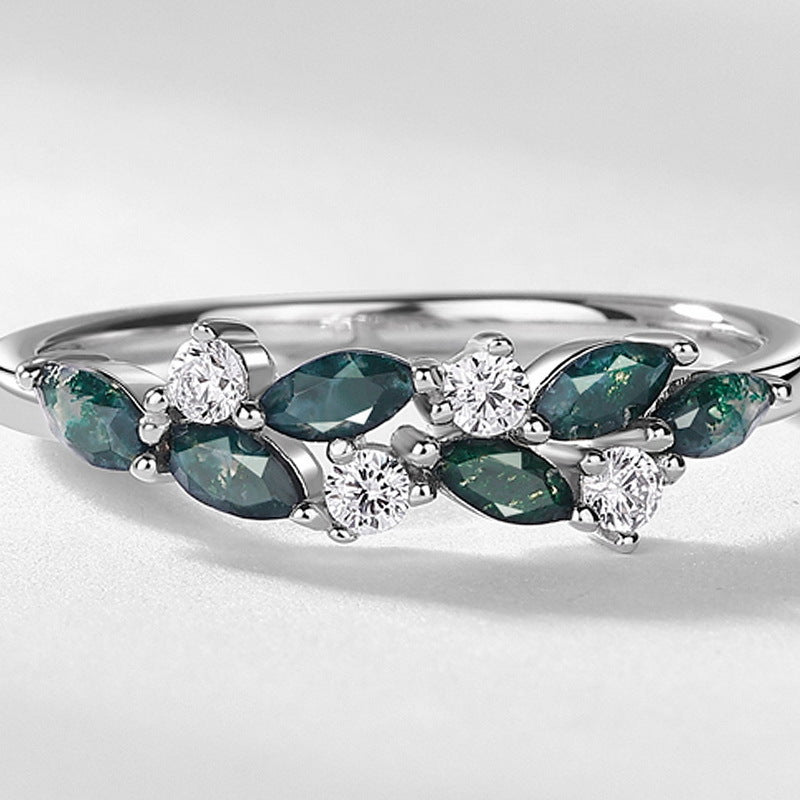 Natural Moss Agate Leaf Vine Ring - S925 Sterling Silver