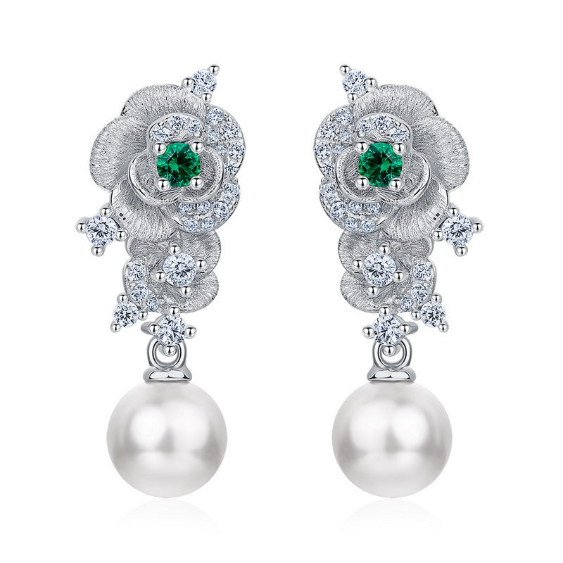 Petal & Pearl: Hand-Finished Lab-Grown Emerald Flower Stud Earrings | 925 Silver | Dapaza