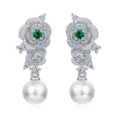 Petal & Pearl: Hand-Finished Lab-Grown Emerald Flower Stud Earrings | 925 Silver | Dapaza