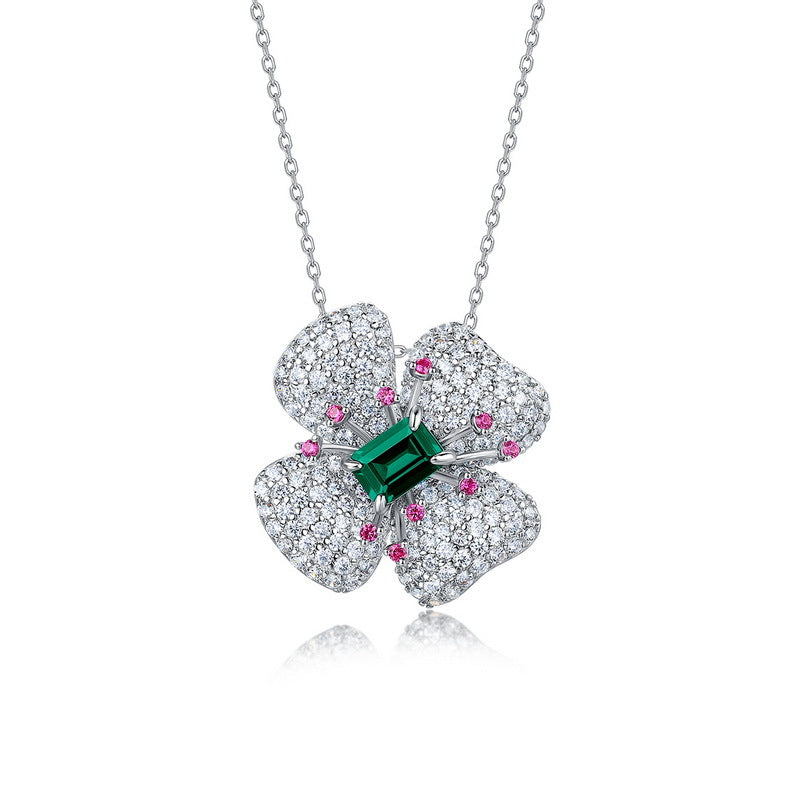 Lucky Bloom: Four-Leaf Clover Lab-Grown Ruby Pendant Necklace | 925 Silver | Dapaza