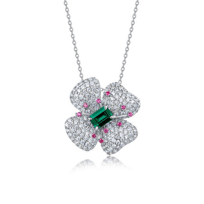 Lucky Bloom: Four-Leaf Clover Lab-Grown Ruby Pendant Necklace | 925 Silver | Dapaza