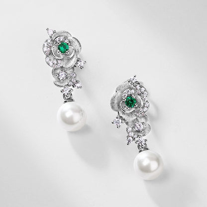 Petal & Pearl: Hand-Finished Lab-Grown Emerald Flower Stud Earrings | 925 Silver | Dapaza