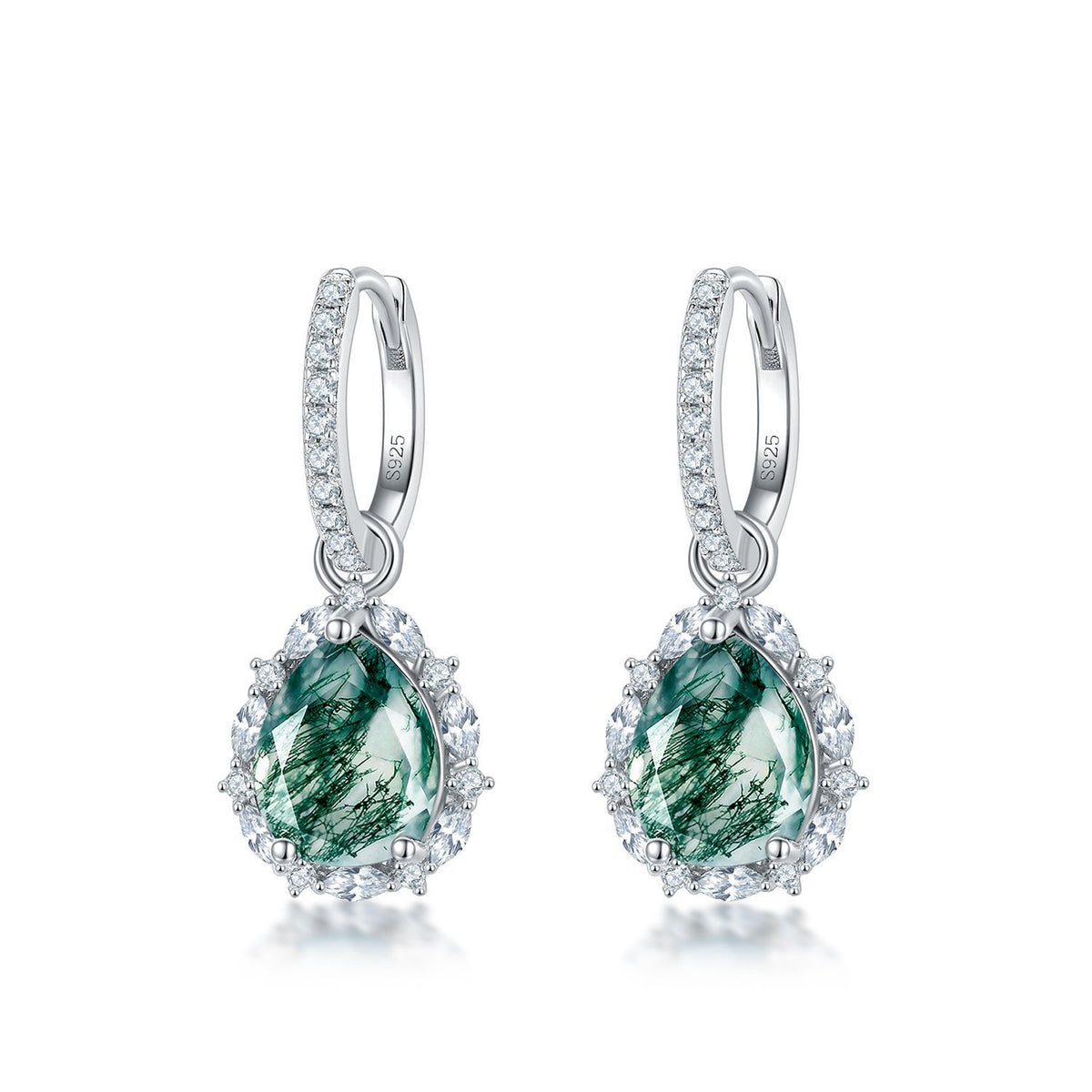 Pear-Cut Natural Moss Agate Halo Drop Earrings - S925 Sterling Silver