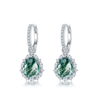 Pear-Cut Natural Moss Agate Halo Drop Earrings - S925 Sterling Silver