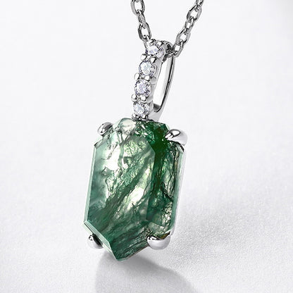 Geometric Moss Agate Pendant Necklace | S925 Sterling Silver