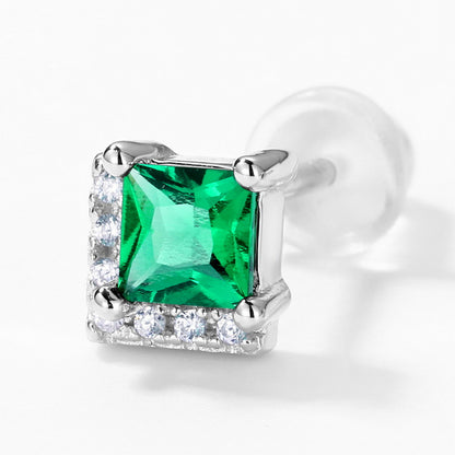 Lab-Grown Emerald Square Halo Stud Earrings - S925 Sterling Silver