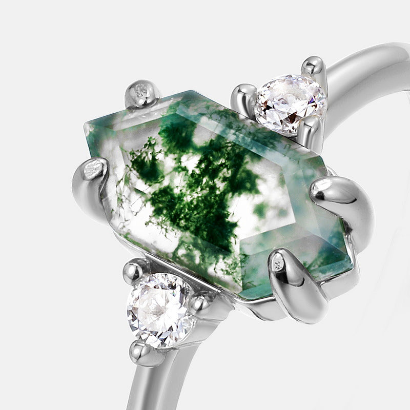 Vintage Hexagon Moss Agate 3-Stone Cluster Ring | S925 Silver