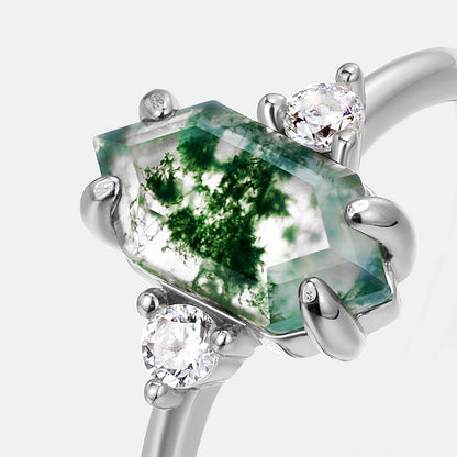 Vintage Hexagon Moss Agate 3-Stone Cluster Ring | S925 Silver