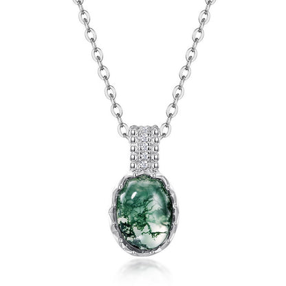 Oval Moss Agate Pendant Necklace | S925 Sterling Silver