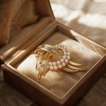 Matte Gold Ribbon Freshwater Pearl Brooch