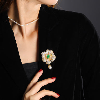 Chalcedony Natural Freshwater Pearl Camellia Brooch