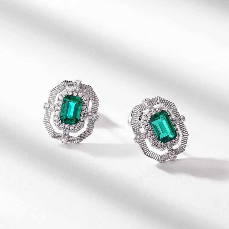 Brushed Retro: Octagonal Lab-Grown Emerald Stud Earrings | 925 Silver | Dapaza