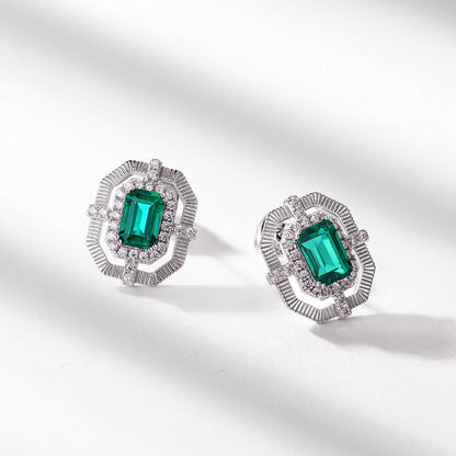 Brushed Retro: Octagonal Lab-Grown Emerald Stud Earrings | 925 Silver | Dapaza